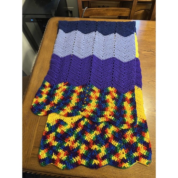 Multicolor Purple & Rainbow Chevron Crochet Knit Blanket Scarf Wrap Handmade - Picture 2 of 9